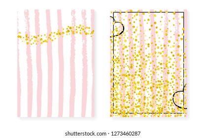 Gold glitter sequins with dots. Wedding and bridal shower invitation cards set with confetti. Vertical stripes background. Trendy gold glitter sequins for party, event, save the date flyer.