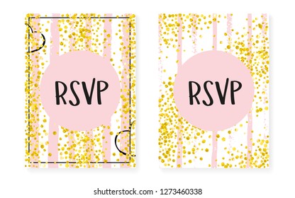 Gold glitter sequins with dots. Wedding and bridal shower invitation cards set with confetti. Vertical stripes background. Trendy gold glitter sequins for party, event, save the date flyer.