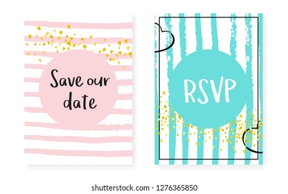 Gold glitter sequins with dots. Wedding and bridal shower invitation cards set with confetti. Vertical stripes background. Trendy gold glitter sequins for party, event, save the date flyer.