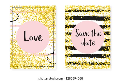 Gold glitter sequins with dots. Wedding and bridal shower invitation cards set with confetti. Vertical stripes background. Stylish gold glitter sequins for party, event, save the date flyer.