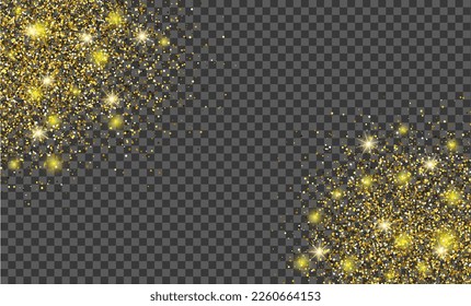 Gold glitter and sequins on a transparent background. Magic glow bokeh