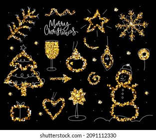 Gold Glitter Set, gift, arrow, Champagne, snowman, bulb, snowflake, tree, star, heart. Merry Christmas and New Year holiday elements for a card, poster, website, banner. Glittery vector