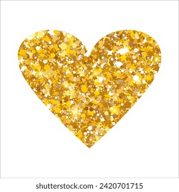 Gold glitter shimmer luxury heart. Shiny romance Happy Valentines Day icon. Golden sand award sticker. VIP premium design element. Magical tag for wedding card, invitation. Vector illustration EPS 10.