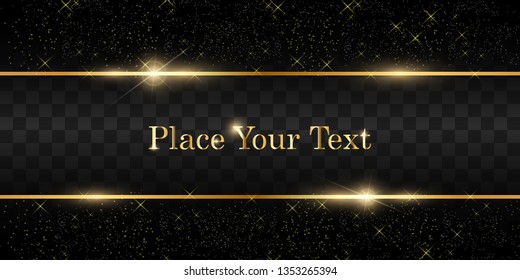 
Gold glitter with shiny gold frame on a transparent black background. Vector luxury golden background.