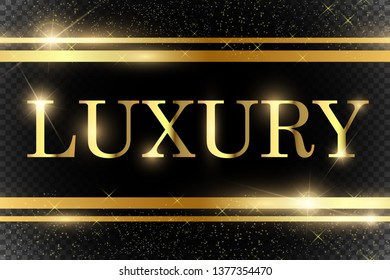 Gold glitter with shiny gold frame on a transparent black background. Vector luxury golden background.