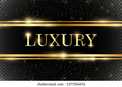 Gold glitter with shiny gold frame on a transparent black background. Vector luxury golden background.