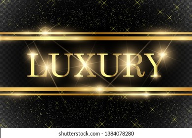 Gold glitter with shiny gold frame on a transparent black background. Vector luxury golden background.