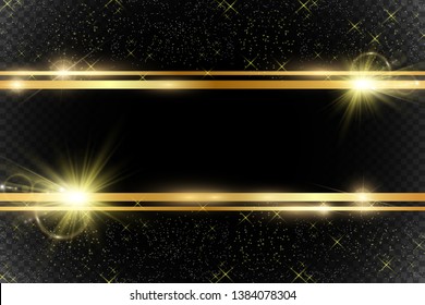 Gold glitter with shiny gold frame on a transparent black background. Vector luxury golden background.