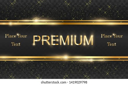 Gold glitter with shiny gold frame on a transparent black background. Vector luxury golden background.