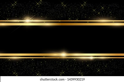 Gold glitter with shiny gold frame on a transparent black background. Vector luxury golden background.