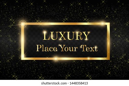 Gold glitter with shiny gold frame on a transparent black background. Vector luxury golden background.