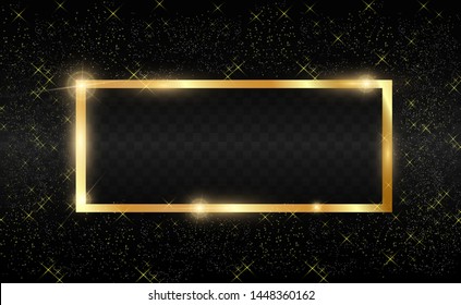 Gold glitter with shiny gold frame on a transparent black background. Vector luxury golden background.