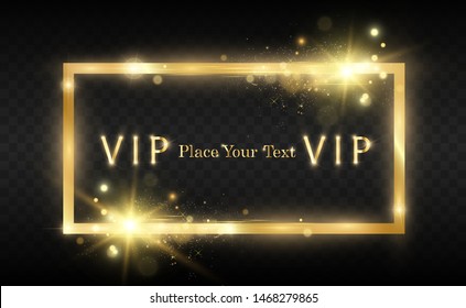 Gold glitter with shiny gold frame on a transparent black background. Vector luxury golden background.