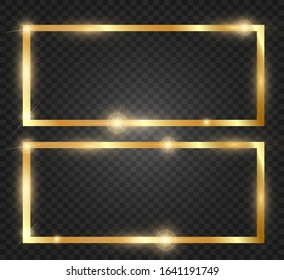 Gold glitter with shiny gold frame on a transparent black background. Vector luxury golden background.