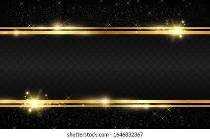 Gold glitter with shiny gold frame on a transparent black background. Vector luxury golden background.