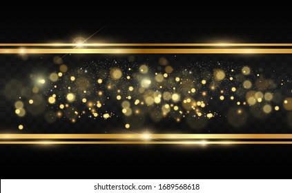 Gold glitter with shiny gold frame on a transparent black background. Vector luxury golden background.
