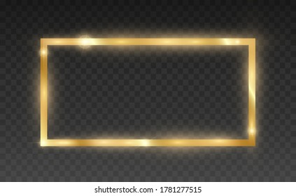 Gold glitter with shiny gold frame on a transparent black background. Vector luxury golden background.