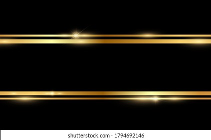 Gold glitter with shiny gold frame on a transparent black background. Vector luxury golden background.
