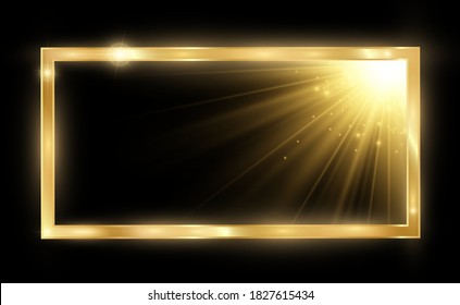 Gold glitter with shiny gold frame on a transparent black background. Vector luxury golden background.