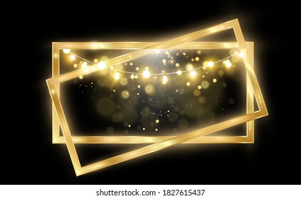 Gold glitter with shiny gold frame on a transparent black background. Vector luxury golden background.