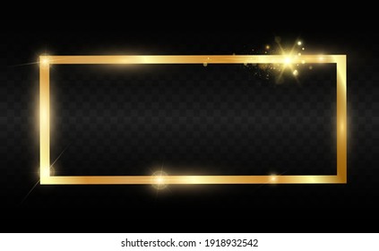 Gold glitter with shiny gold frame on a transparent black background. Vector luxury golden background.	