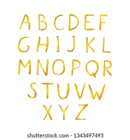 Gold glitter shiny vector alphabet. Hand drawn golden letters A-Z isolated on white. Sans serif modern font. Latin uppercase handwriting symbols. Easy to edit template for your designs.