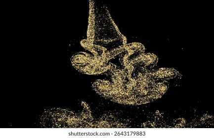 Gold glitter smoke effect creating luxurious dynamic abstract background. Sparkling texture vector for festive celebrations, elegant magical designs. Shimmering golden particles in fluid motion.