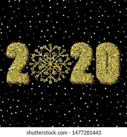 Gold glitter snowflake bright background New Year 2020