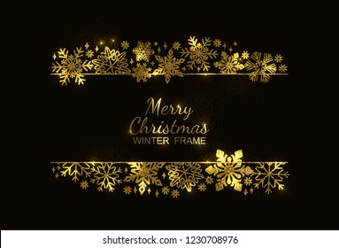 Gold glitter snowflake frame, decoration on black background, Christmas design for invitation card or postcard. Vector illustration, merry xmas snow flake framework