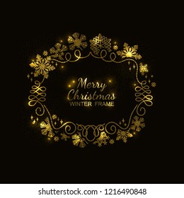 Gold glitter snowflake frame, festive decoration on black background, Christmas design for invitation, greeting card or postcard. Vector illustration, merry xmas flake framework