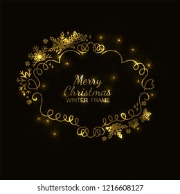 Gold glitter snowflake frame, festive decoration on black background, Christmas design for invitation, greeting card or postcard. Vector illustration, merry xmas flake framework
