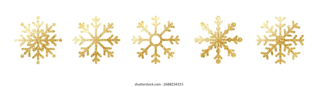 Icono del copo de nieve del brillo del oro fijado en fondo transparente. Navidades brillantes, año Nuevo e invernal.