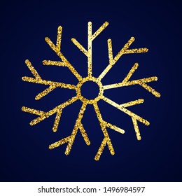 Gold glitter snowflake on dark blue background. Christmas and New Year decoration elements. Vector illustration.