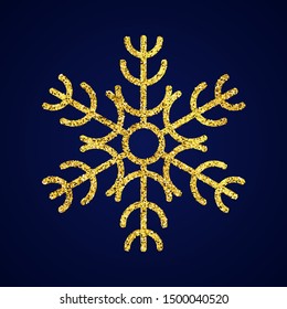 Gold glitter snowflake on dark blue background. Christmas and New Year decoration elements. Vector illustration.