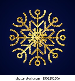 Gold glitter snowflake on dark blue background. Christmas and New Year decoration elements. Vector illustration.