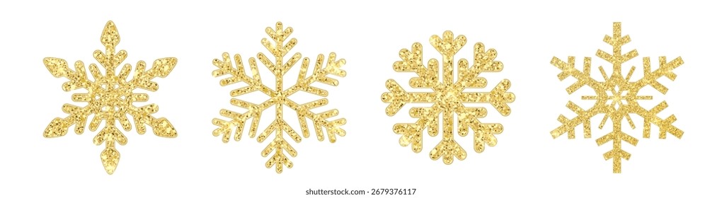 Gold glitter snowflake set isolated PNG. Shiny Christmas decoration vector element