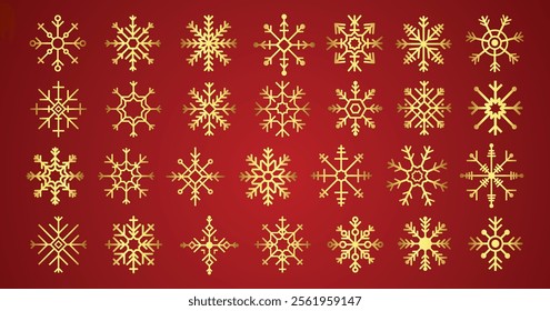 Gold glitter snowflakes decoration wave. Celebration design elements. Golden snowflake border with different ornament. Luxury Christmas greeting card. Winter ornament. Vector illustration.