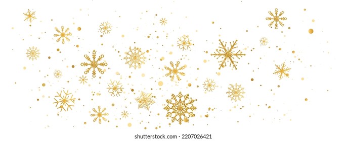 Gold glitter snowflakes with different ornament. Golden snowflake falling wave. Luxury Christmas garland. Winter ornament for packaging, card, invitation. Celebration border. Vector illustration.