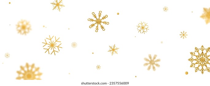 Gold glitter snowflakes frame. Golden snowflake background with different ornament. Luxury Christmas garland border. Winter ornament. Happy Holiday card. Celebration banner. Vector illustration.