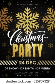 Gold glitter snowflakes on Christmas party poster template, flyer, banner. Black background with Christmas decorations, decorative golden elements