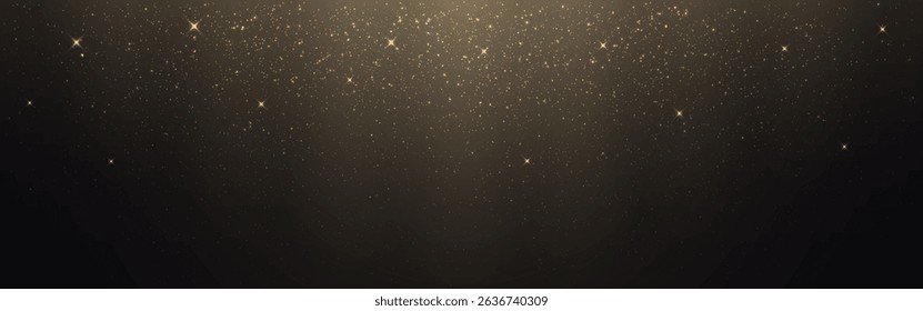 Gold glitter sparkle background with elegant light glow on dark. Abstract flares and stars for luxury, celebration or festive theme. Wide golden dust wallpaper. Vector Illustration.