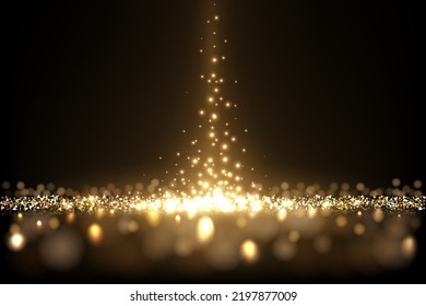 Gold glitter and sparkle of falling confetti in spotlight light beam vector illustration. 3d realistic magic burst of golden glittery glamour particles with blur of bokeh on black background