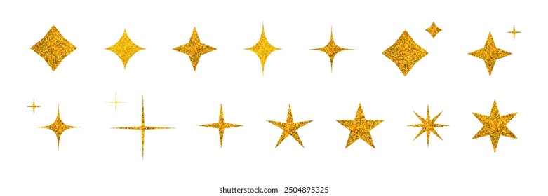 Gold glitter sparkle shiny textured stars set vector illustration isolated on transparent background. Glowing golden shimmer stickers, clip art for poster, banner Christmas and 2025 New Year design