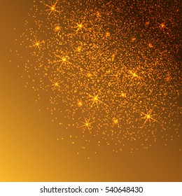 Gold glitter sparkles background. Vector golden dust texture. Twinkling confetti, shimmering star lights. 