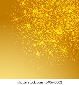 Gold glitter sparkles background. Vector golden dust texture. Twinkling confetti, shimmering star lights. 
