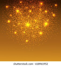Gold glitter sparkles background. Vector golden dust texture. Twinkling confetti, shimmering star lights. 