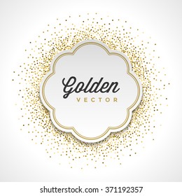 Gold Glitter Sparkles Bright Confetti White Paper Label Frame Vector Background. Good for Greeting Gold Cards, Luxury Invitation, Advertising, Voucher, Certificate, Banners, Golden Texture.