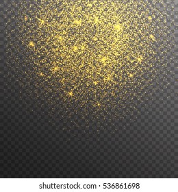 Gold glitter sparkles on transparent background. Vector golden dust texture. Twinkling confetti, shimmering star lights. 