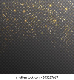 Gold glitter sparkles on transparent background. Vector golden dust texture. Twinkling confetti, shimmering star lights. 