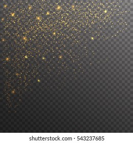 Gold glitter sparkles on transparent background. Vector golden dust texture. Twinkling confetti, shimmering star lights. 